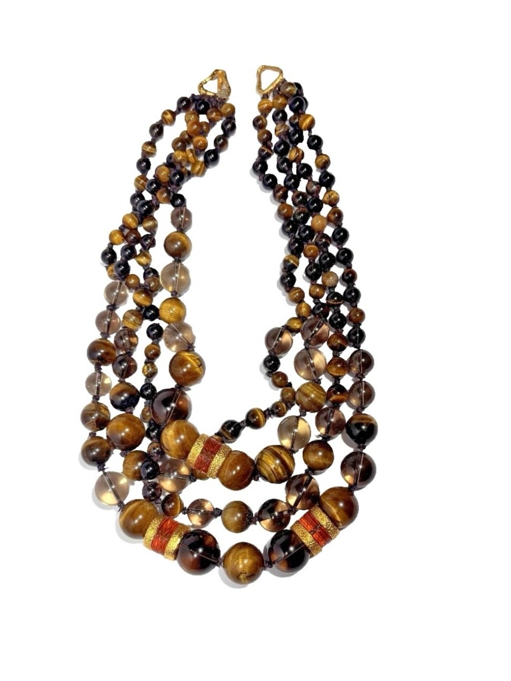 Alexis Bittar Tiger Eye Multi Strand Beaded Statement Necklace Gold Tone